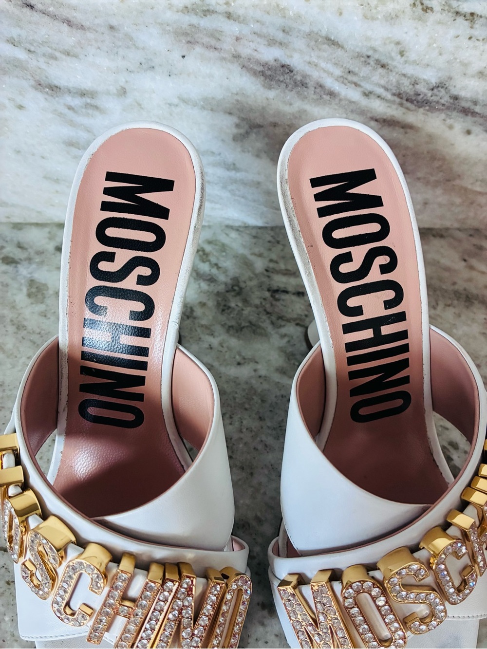 Moschino White Leather Crystal Logo Heel Slides - Picture 5 of 8